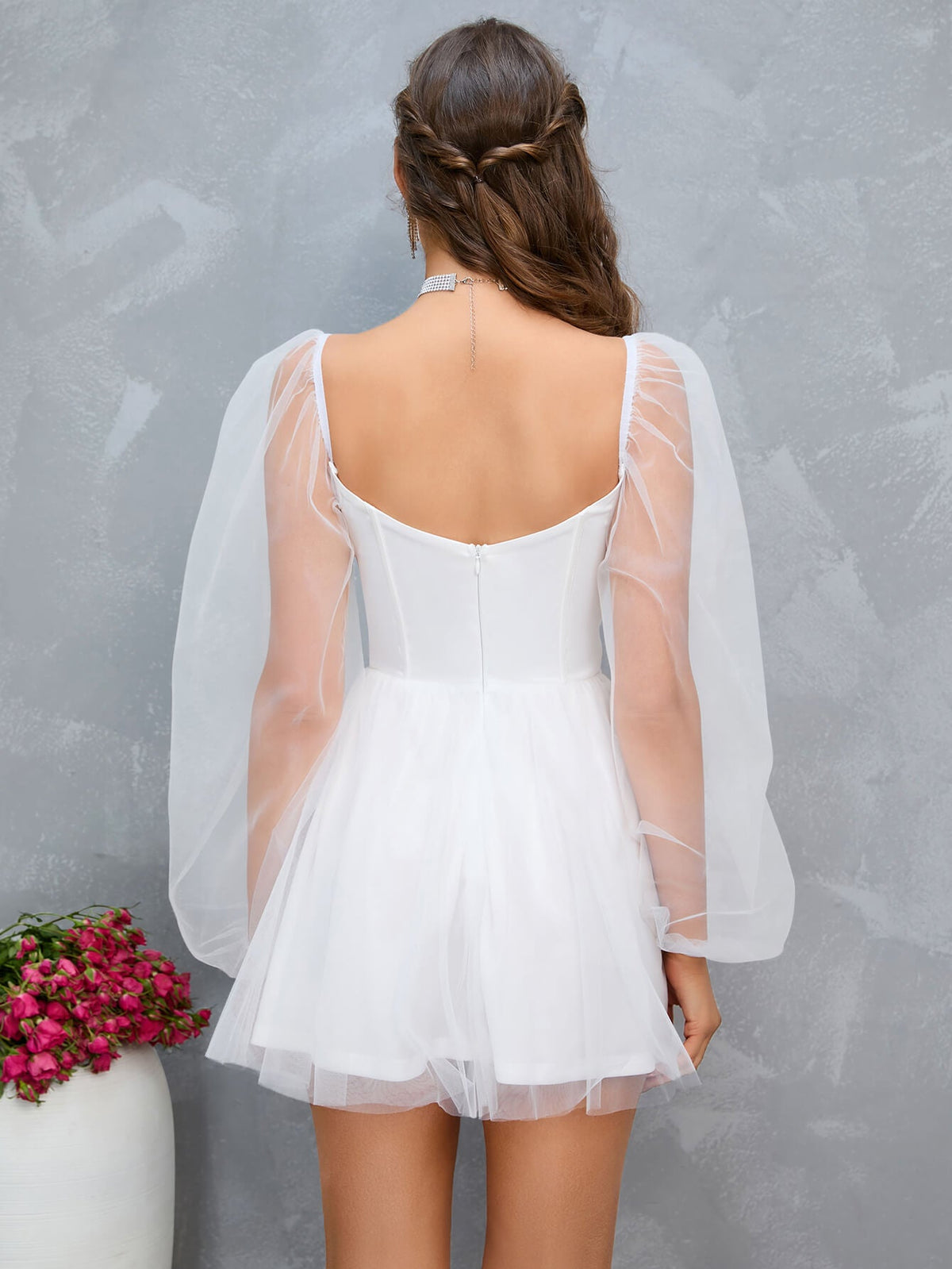 Sweetheart Neck Lantern Sleeve Mesh Overlay Bustier Dress
