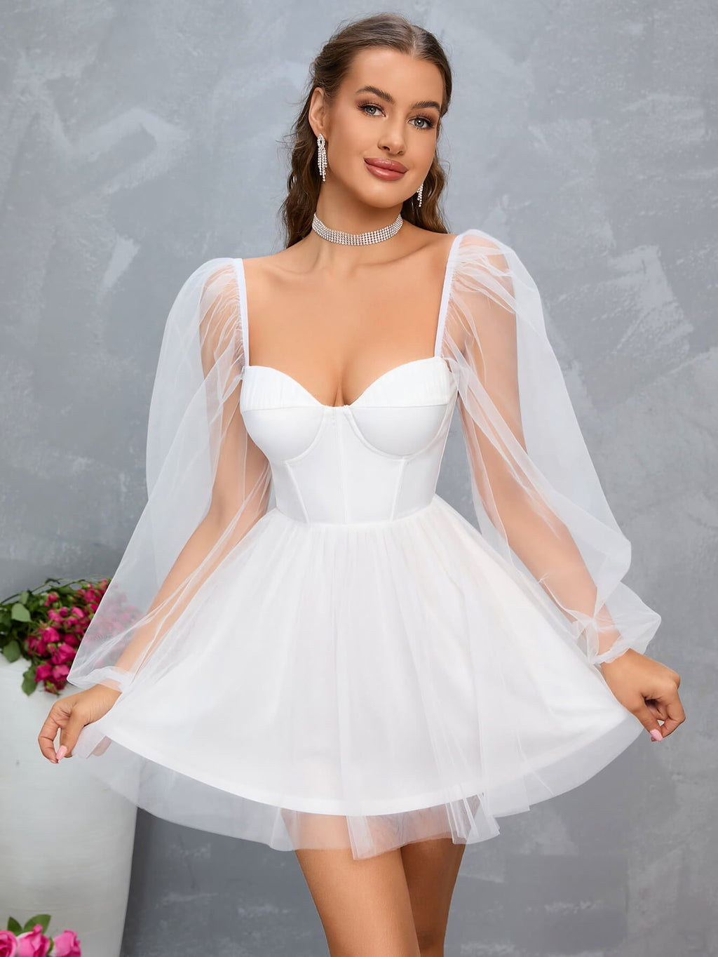 Sweetheart Neck Lantern Sleeve Mesh Overlay Bustier Dress
