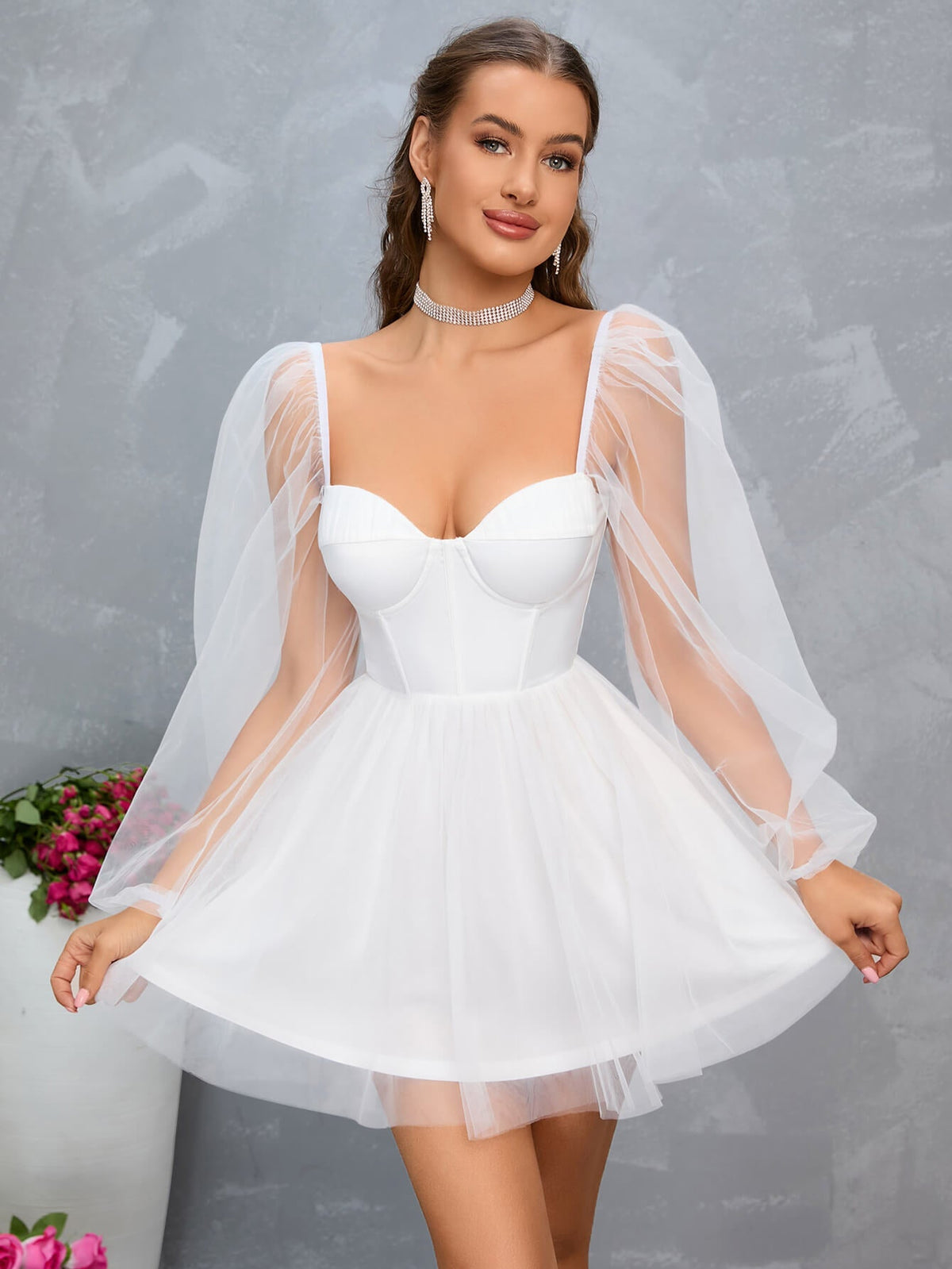 Sweetheart Neck Lantern Sleeve Mesh Overlay Bustier Dress