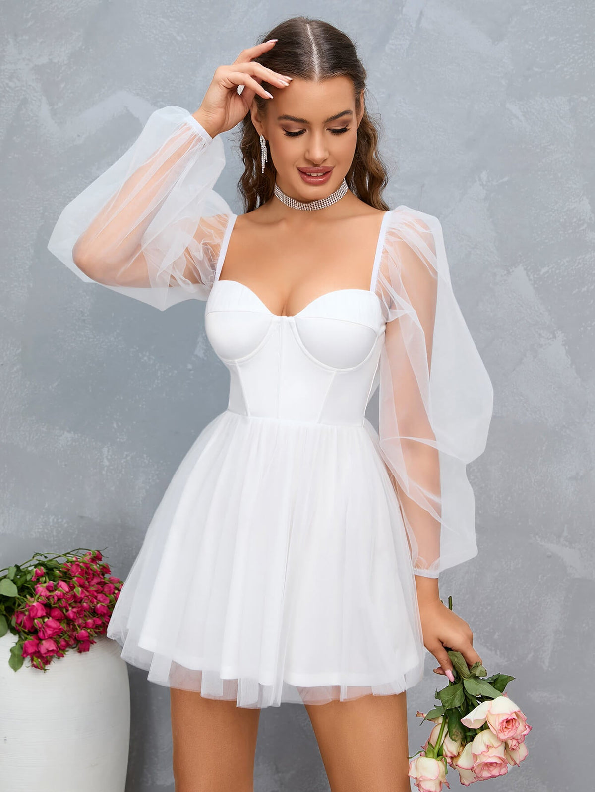 Sweetheart Neck Lantern Sleeve Mesh Overlay Bustier Dress