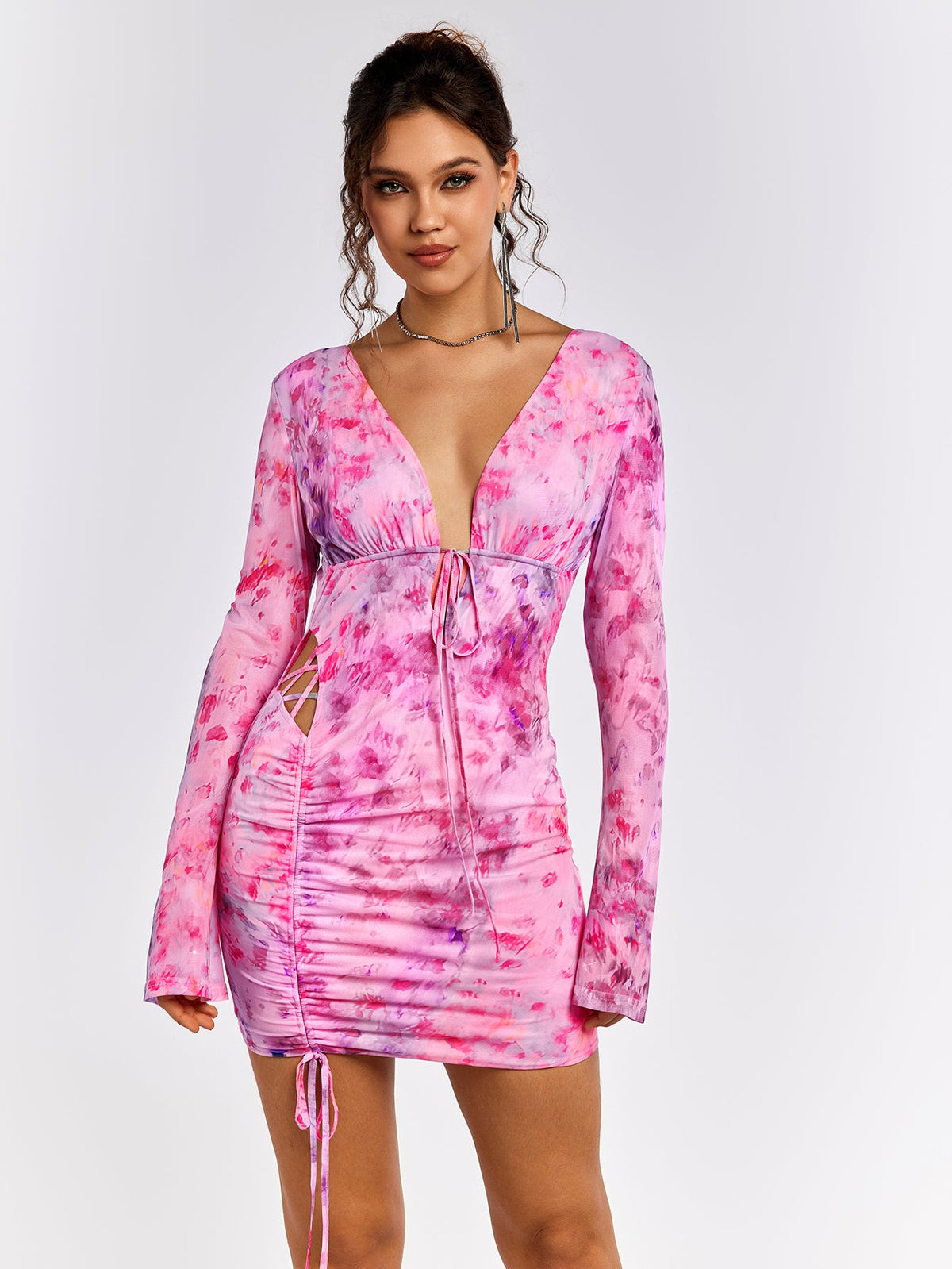 Deep V-Neck Backless Tie Floral Dress