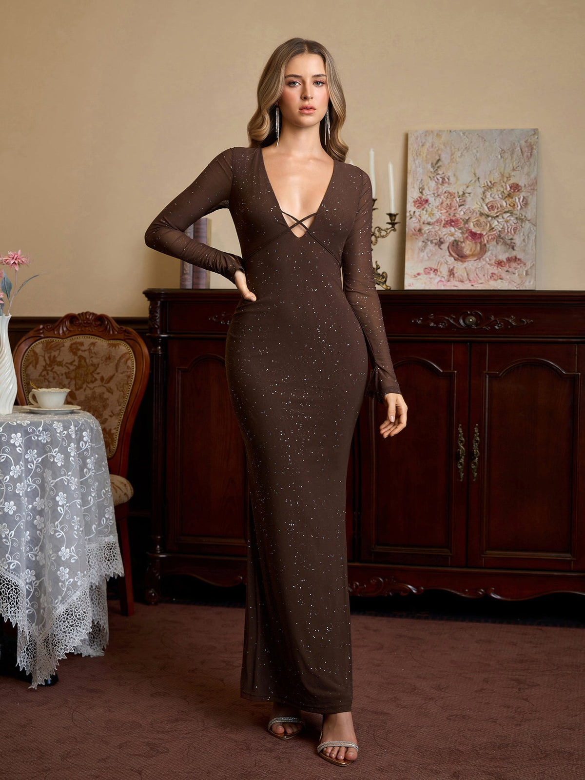 Deep V-Neck Crisscross Tie Front Glitter Bodycon Dress