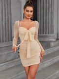 Embellished Halter Ruched Mesh Dress