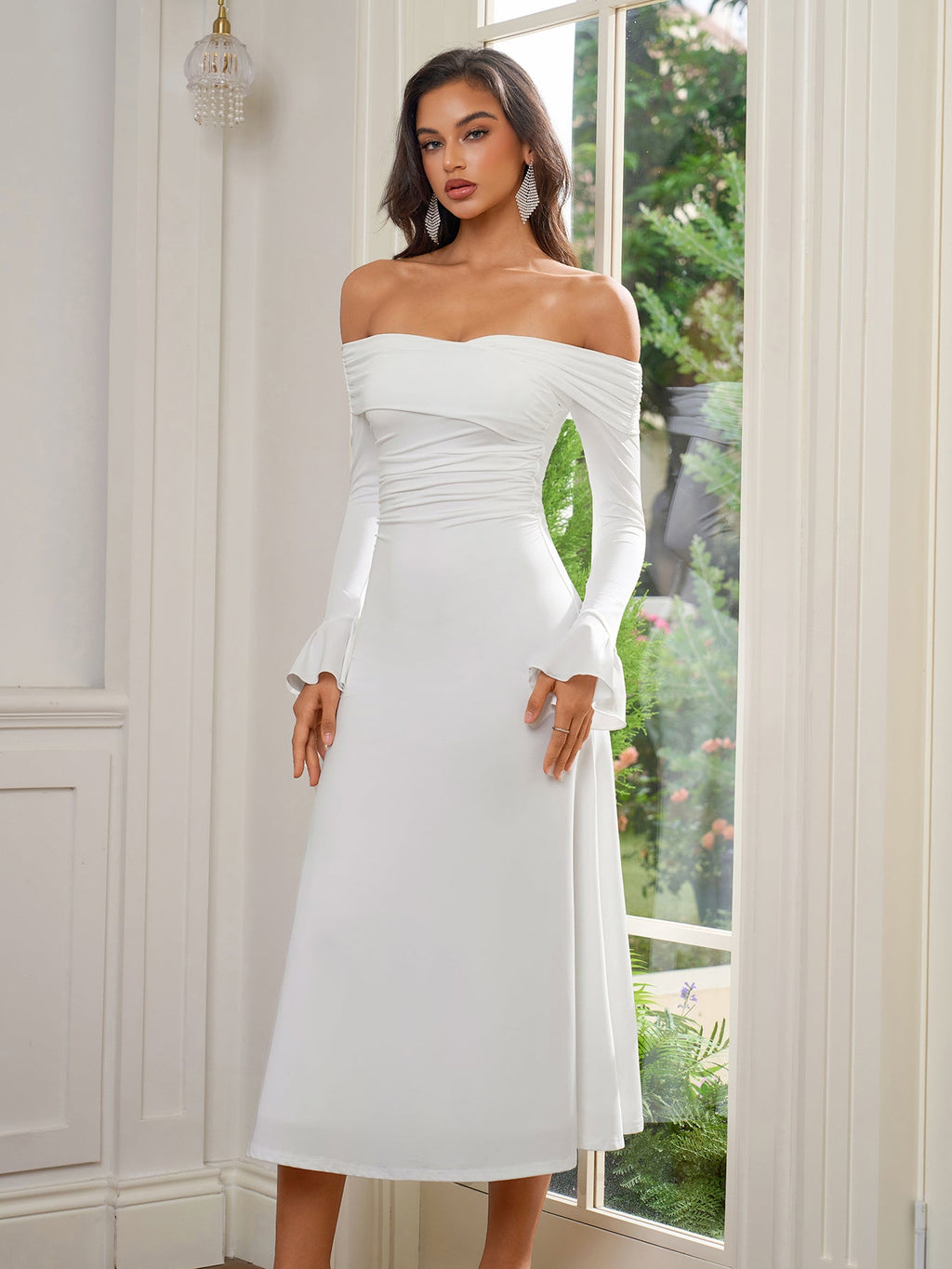Flounce Sleeve Off Shoulder Ruched Bodycon Dress