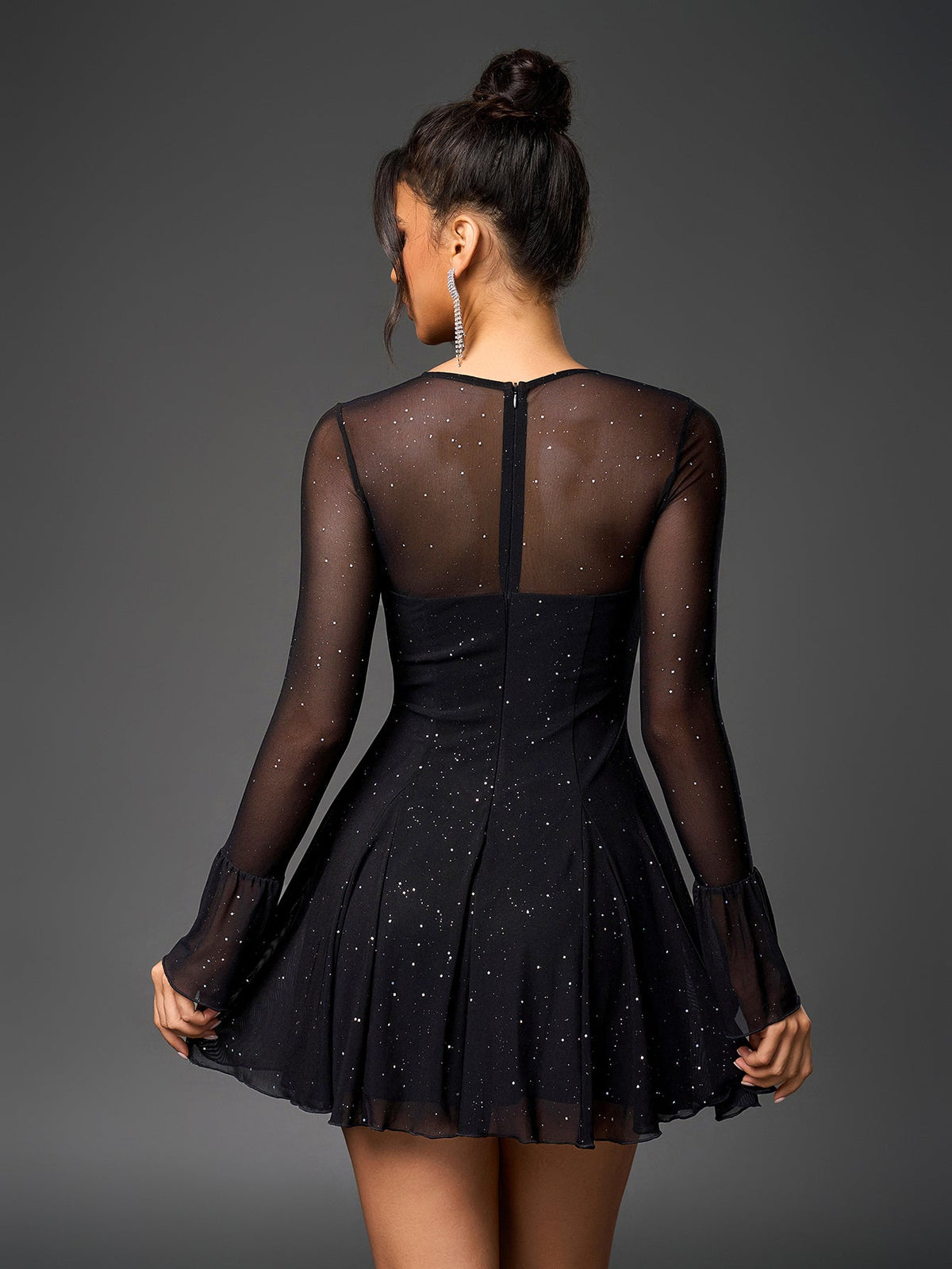Flounce Sleeve Tie Front Glitter Mesh Flared Dress