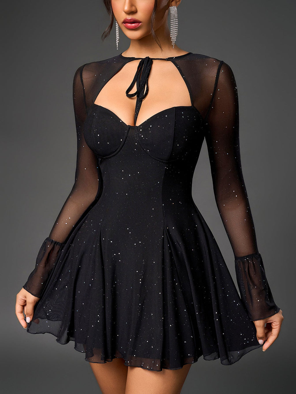Flounce Sleeve Tie Front Glitter Mesh Flared Dress