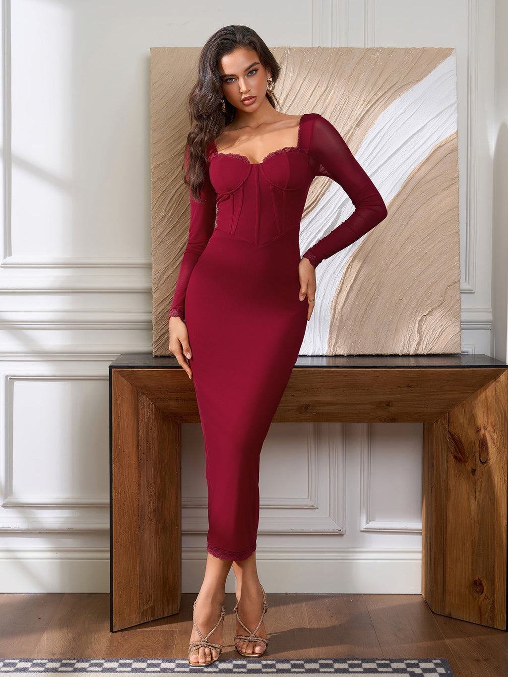 Lace Trim Split Back Zipper Mesh Dress
