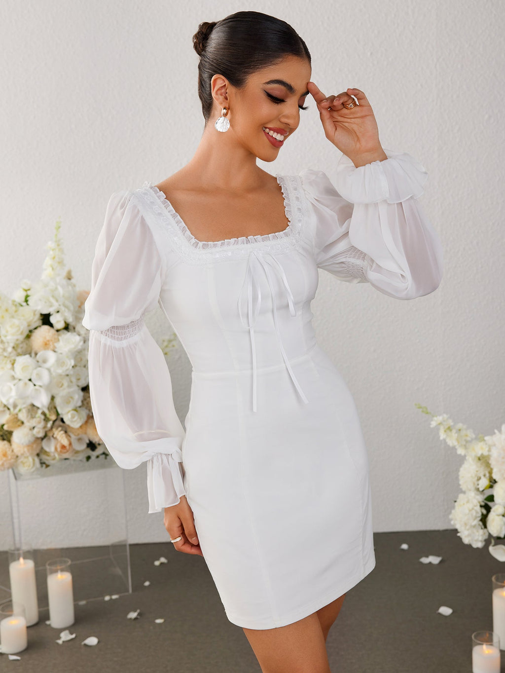 Lantern Sleeve Tie Front Backless Bodycon Dress