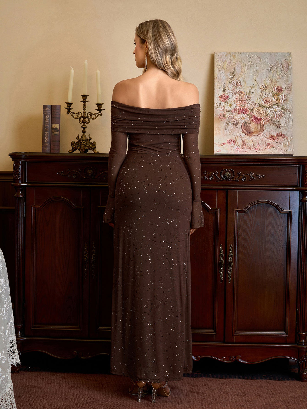 Off Shoulder Flounce Sleeve Mesh Sequin Dress