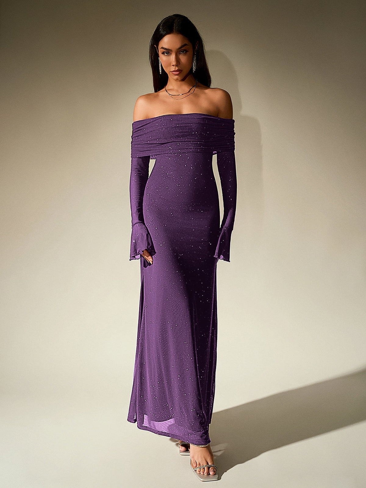 Off Shoulder Flounce Sleeve Mesh Sequin Dress