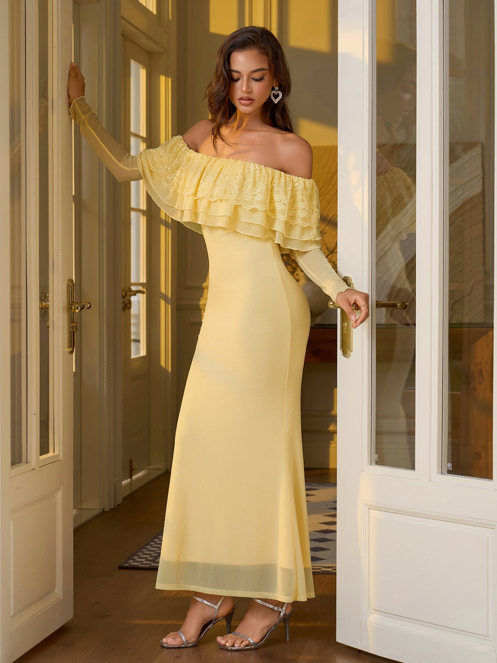 Off Shoulder Long Sleeve Bodycon Mesh Dress