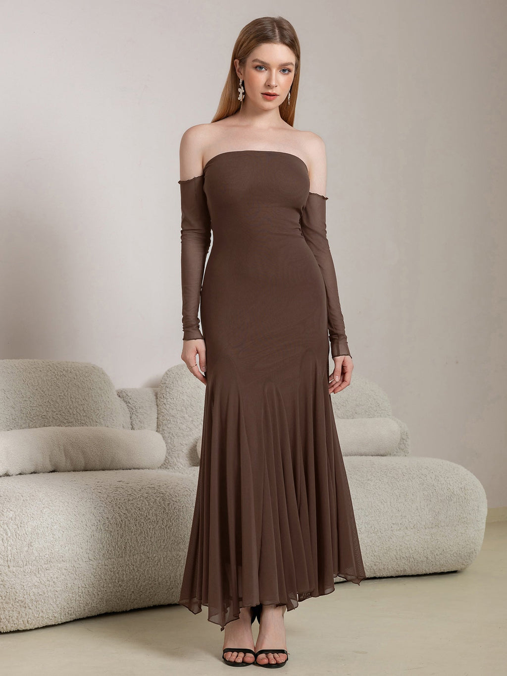 Off Shoulder Pleated Hem Mesh Bodycon Dress
