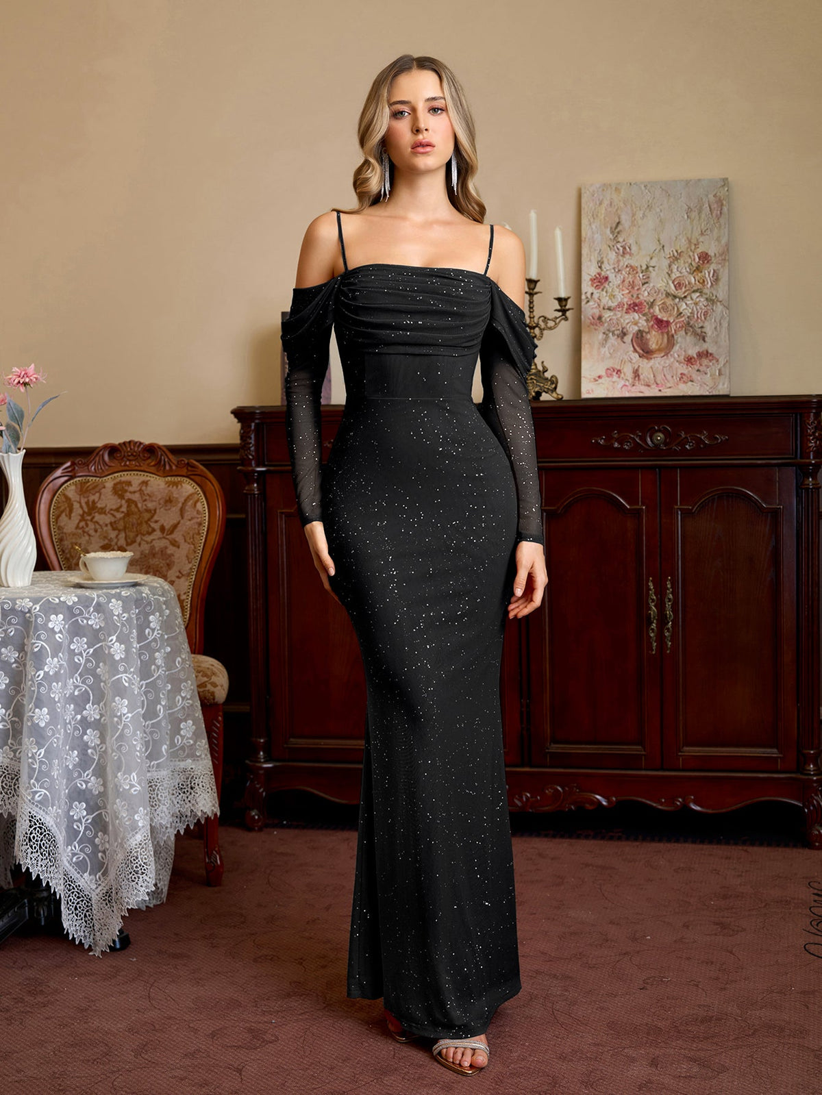 Off Shoulder Ruched Bust Mesh Sequin Mermaid Dress