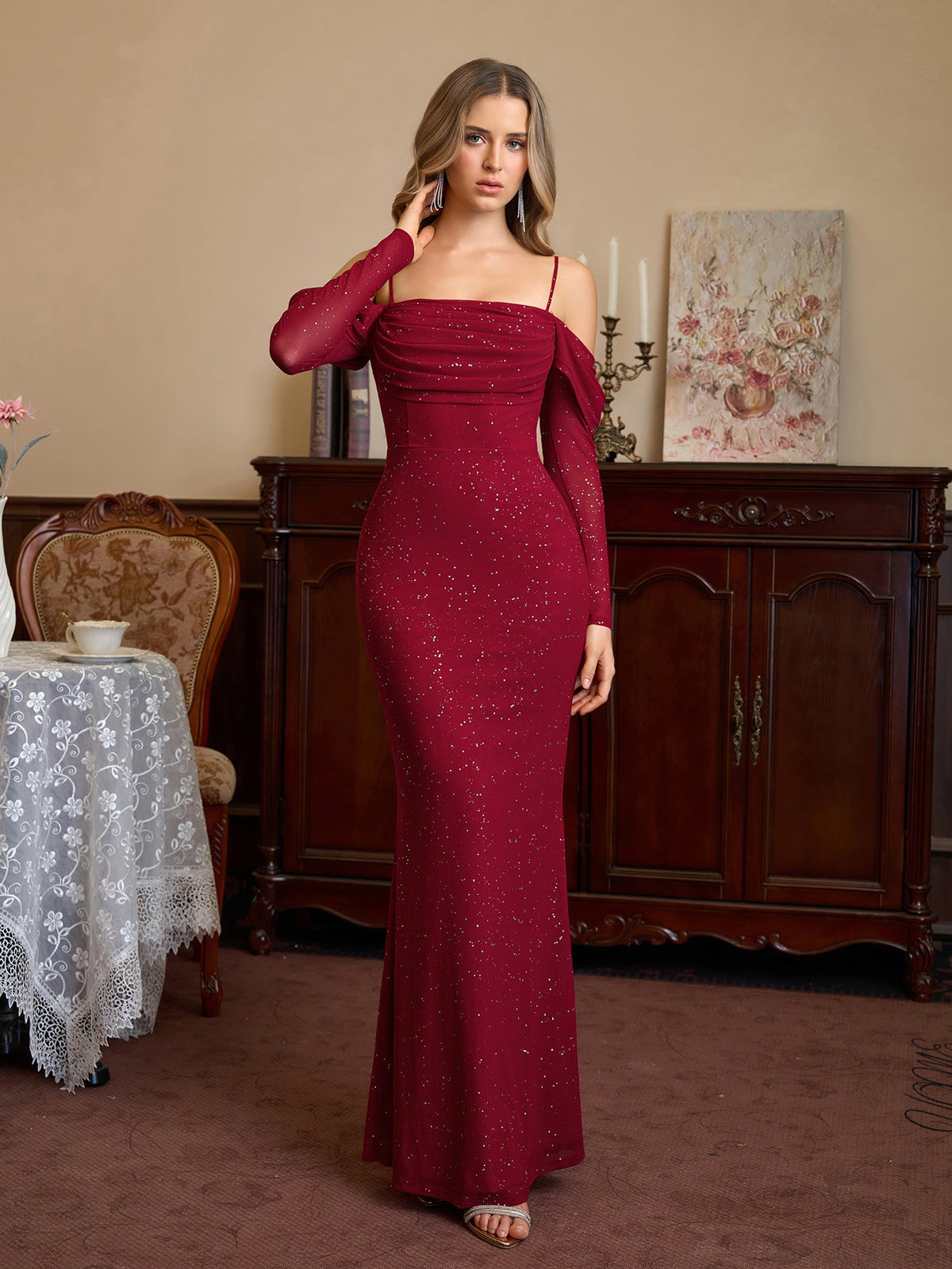 Off Shoulder Ruched Bust Mesh Sequin Mermaid Dress