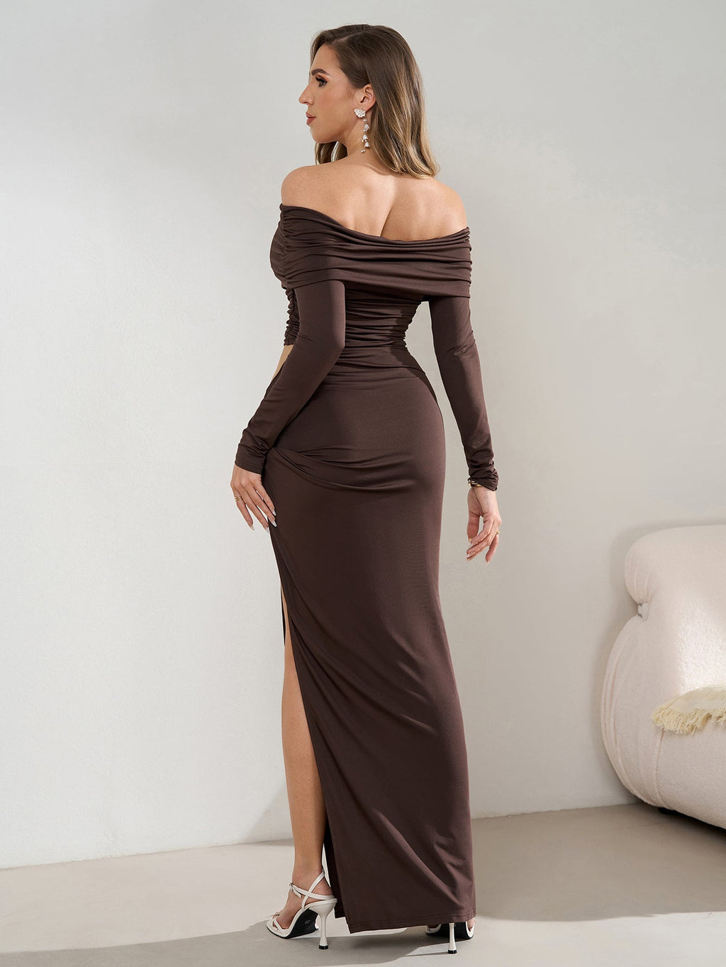 Off Shoulder Ruched Cut Out Waist Bodycon Dress