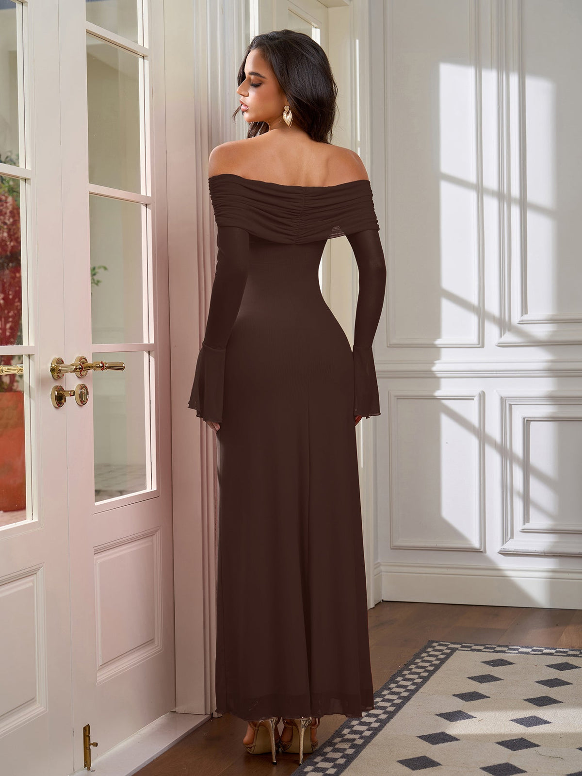 Off Shoulder Ruched Tie Front Flounce Sleeve Mesh Dress
