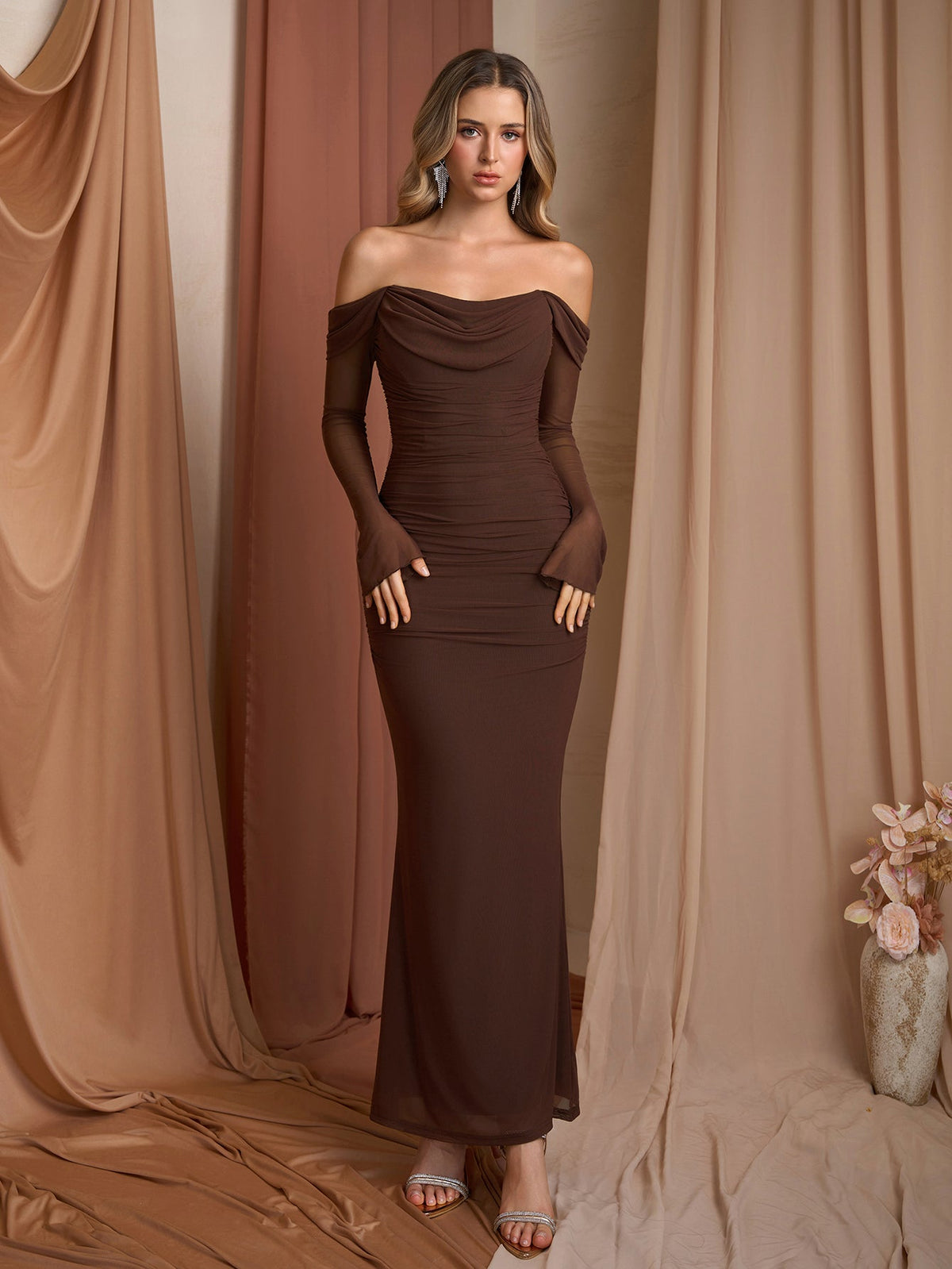 Off Shoulder Ruched Zipper Back Long Sleeve Mesh Dress