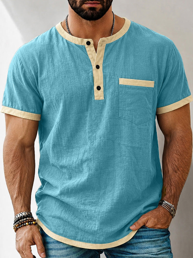 Men's Contrast Trim Henley Short Sleeve Cotton Linen Shirt